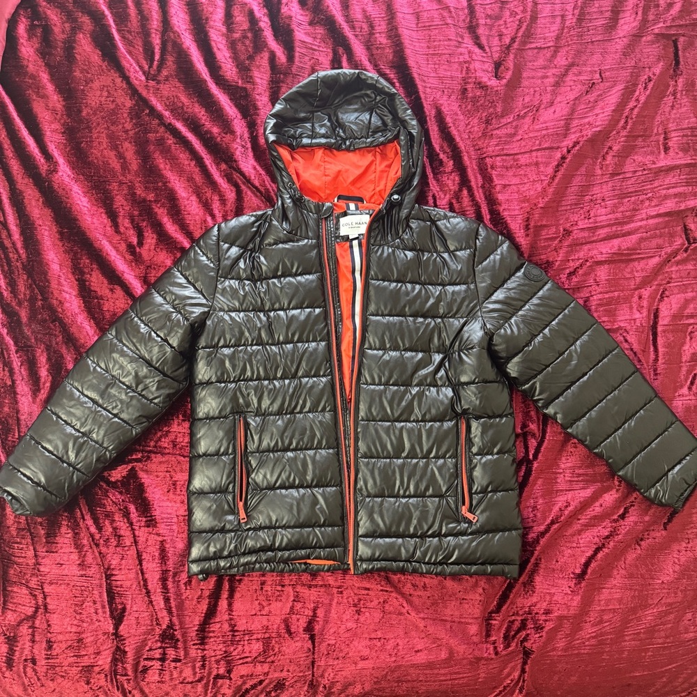 Cole Haan Puffer Coat Black Orange Lining